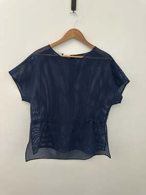 Akris punto Saks Fifth Avenue Exclusive Navy Blue Grid Mesh Drawstring Waist Top